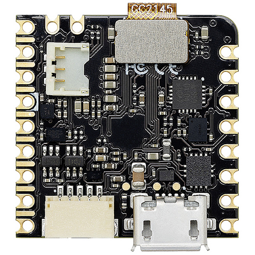 Mikrocontroller-Platine mit vielfältigen elektronischen Komponenten und Mikro-USB-Anschluss, oft in DIY-Elektronikprojekten verwendet.